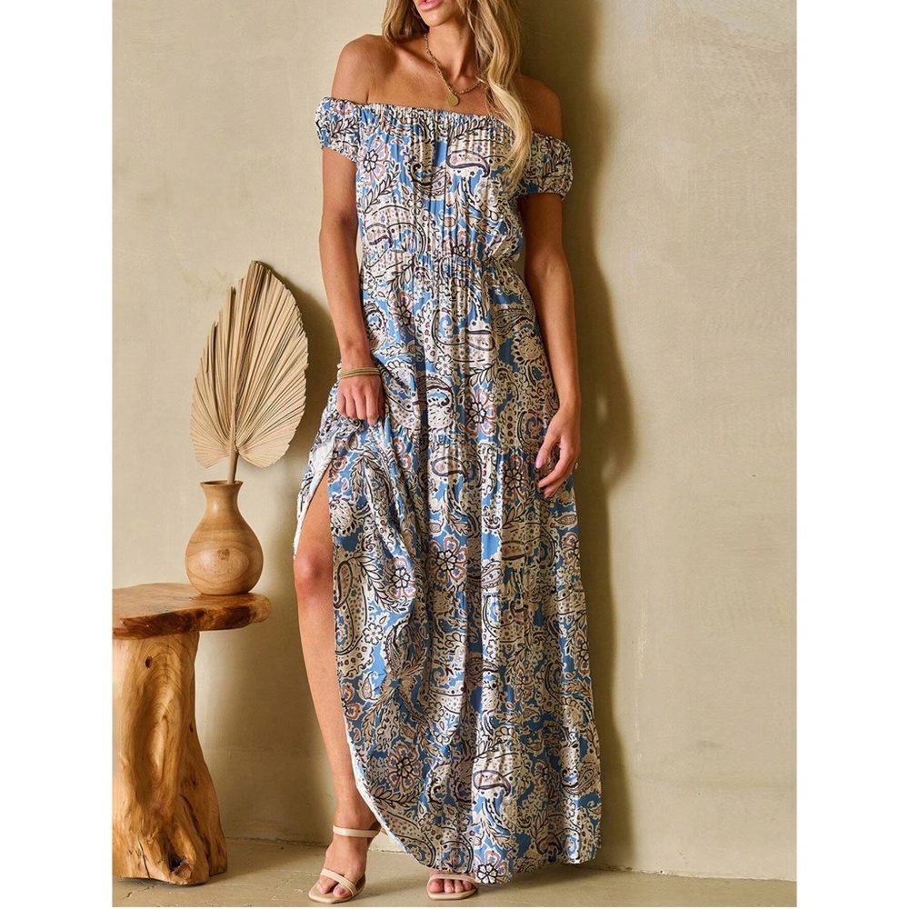 Boho Paisley Floral Print Off Shoulder Maxi Dress - Picture 7 of 9